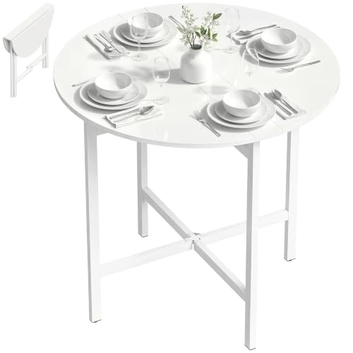 HOMCOM Tavolo da Pranzo Rotondo Pieghevole per 2-4 Persone Ø80 cm Bianco | Tavolo Cucina a Ribalta, Gambe a X in Acciaio, Salvaspazio, per Soggiorno Sala da Pranzo