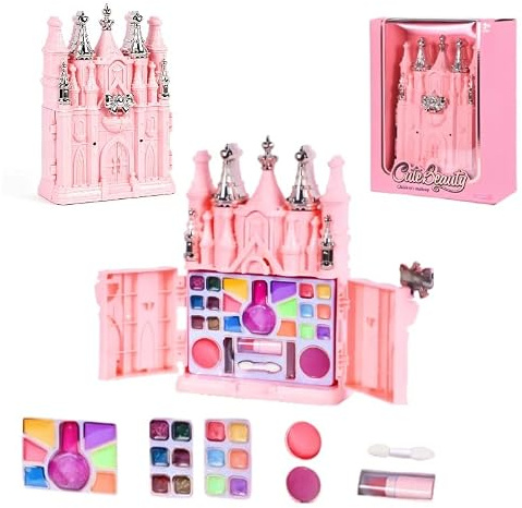Schminkkoffer Mädchen, Kinderschminke Set Mädchen Burg, waschbare hautschonende Make-up Box mit Lidschatten, Lippenstift & Pinseln, Geschenk für Kinder ab 4 Jahre Geburtstag Weihnachten Karneval