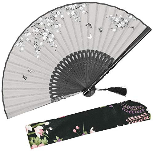 OMyTea Faltbarer Handfächer für Frauen - Faltbarer chinesischer japanischer Vintage-Bambus-Seidenfächer - für Hot Flash, Kirche, Dekoration, EDM, Musikfestival, Tanz, Party, Geschenk (Grau)