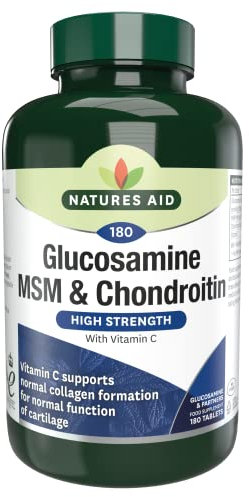 Natures Aid Glucosamine MSM & Chondroitin with Vitamin C - High Strength Joint Support - Mobility & Cartilage Health, Collagen Formation - Non-GMO, Gluten-Free Supplement - 180 Tablets