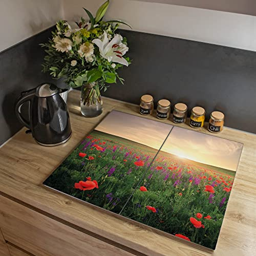 banjado Ceranfeld Abdeckung Glas 2-teilig 60x52 cm, Herdabdeckplatten und Schneidebrett Küche aus gehärtetem Glas, dekorativer Küchen Spritzschutz Blumen & Pflanzen mit Motiv Sommerfeld