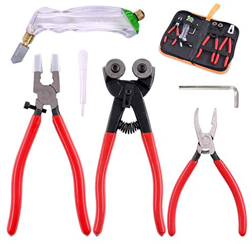 Hilitchi 5Pcs Wheeled Glass Tile Nipper Running Plier Breaking Grozer Plier Pistol Grip Glass Cutter with Bonus Hex Wrench Heavy Duty Stained Glass Tools Mosaic Tools Assortment Kit for Stained Glass
