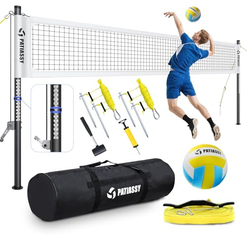 Professional Heavy Duty Volleyball Net Set for Backyard & Beach, Outdoor Net System with Steel Anti-Sag Winch, 32FT Reinforced Net, Height Adjustable Rust-Resistant Aluminum Poles, Portable Carry Bag