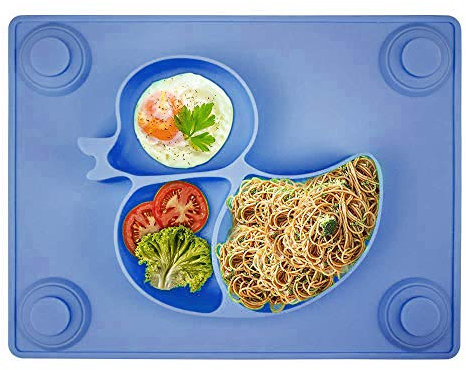 Kinderteller mit Saugnapf - Silikon Rutschfest Baby Teller für Kinder und Kleinkind, Baby Tischset für die meisten Esstische und Hochstuhl-Tabletts - 26x20x3cm（Blau）