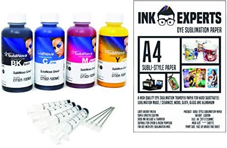 InkTec Sublinova Smart DTI Dye Sublimation Inks and Ink Experts Style Paper (100 Sheets) Bundle Inc. Syringes
