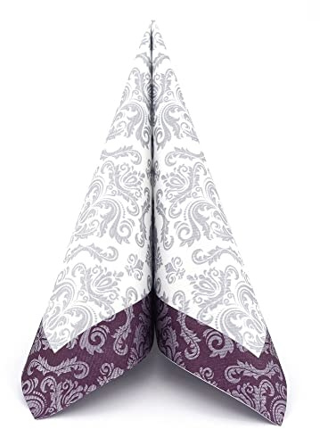APARTina 50 Servietten Ornament Barock Silber stoffähnlich Airlaid, hochwertige stoffähnliche Servietten Einwegservietten Hochzeit Beere (Pflaume, 40 x 40 cm)