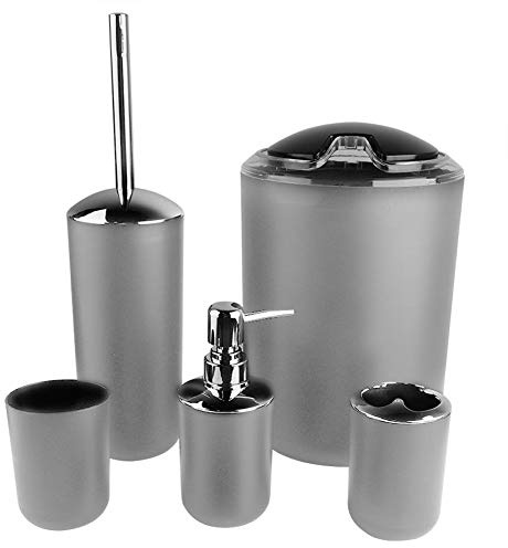 Greensen Badezimmer Set Badezimmerzubehör 6er Set Badezimmerdekor mit Toilettenbürstenhalter Zahnbürstenbecher Seifenschale Lotioneflasche und Mülleimer, Badset aus Kunststoff, Grau