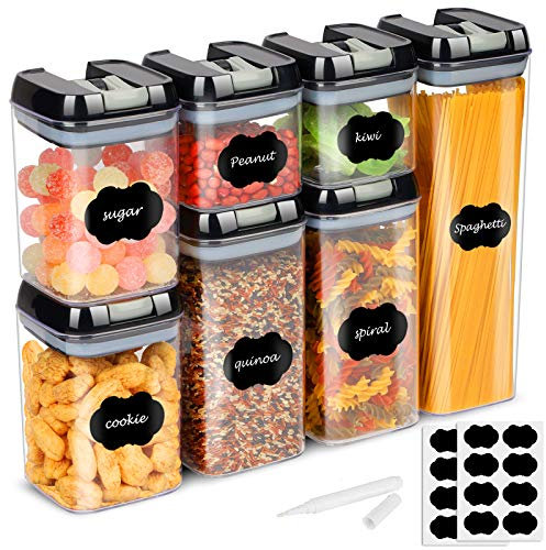 Bossjoy Vorratsdosen Set 7-teilig - Luftdicht Aufbewahrungsbox für Küche, Lebensmittel Vorratsbehälter mit Etiketten, Plastik Aufbewahrungsdosen für Tee, Kaffee, Reis, Nudeln, Zucker