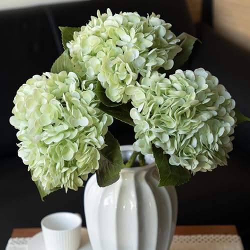 DUYONE 3PCS 22 inch Lifelike Artificial Hydrangea Large Flowers Artificial Flowers Dry Flowers Outdoor Wedding Christmas Office Family Party Living Room Table Decoration (Light Green)