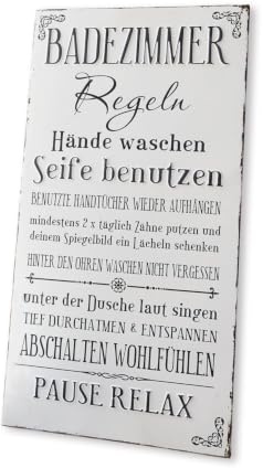 Loberon Dekoboard Chambord, weiß/schwarz | nostalgisches Lettering, mit Prägung, Badezimmer Regeln, Wanddekoration, Bad-Accessoire, Eisen