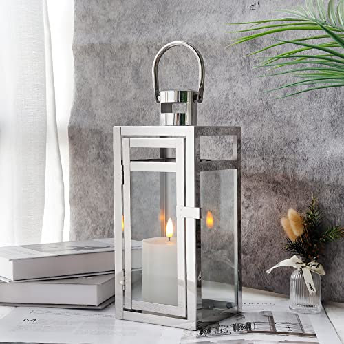 TRIROCKS Stainless Steel Decorative Lantern 30cm High Metal Hanging Candle Holder with Clear Glass Panels Perfect for Home Decor Living Room Parties Events Tabletop Indoors Outdoors (Silver)