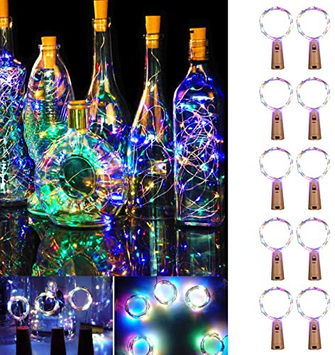Flaschenlichter mit Kork, 10 Stück, 2 m, 20 LEDs, Weinflaschenlichter, wasserdicht, silberfarbener Draht, Flaschenlichterkette für Weihnachten, Hochzeit, Party, Mason Jar Dekoration, mehrfarbig