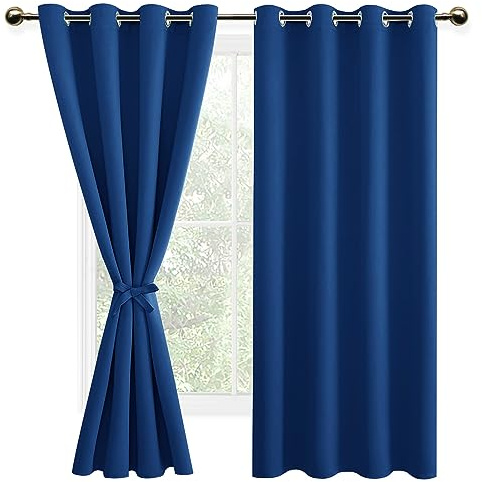 DWCN Vorhange Wohnzimmer Schlafzimmer Gardinen Blickdicht Vorhänge mit Ösen 2er Set, Verdunklungsvorhänge mit Vorhang-Krawatten, Königsblau, 175x140cm(HxB)