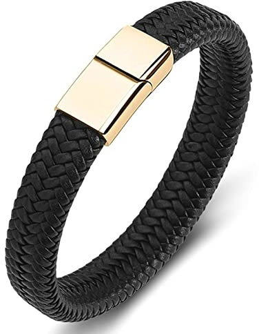 Dsnyu Armband Leder Paare, Schwarz Bettelarmband Junge mit Magnet Verschluss, 18.5CM Geflochten Punk Armband Klassik Schmuck