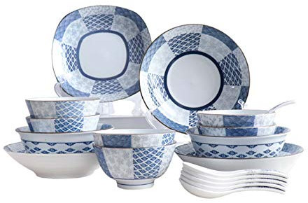 Set di stoviglie da 18 Pezzi Servizio da tavola in Stile Giapponese Dipinto a Mano in Porcellana con Piatti, Ciotole, Servizio di cucchiai per 6