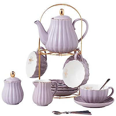 CLAY TONIC Set di tazzine da caffè/tazza da tè in porcellana fine da 226,8 g, tazze e piattino, con teiera, zuccheriera, brocca, cucchiaini e colino da tè per tè/caffè, 17 pezzi, servizio per 4