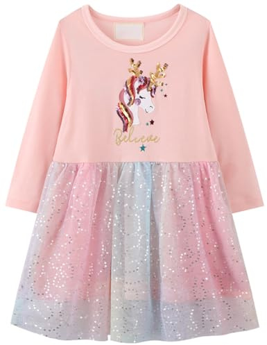 Långärmad bomullströja flickklänning ledig t-shirtklänning, Rosa enhörning, 2-3 år