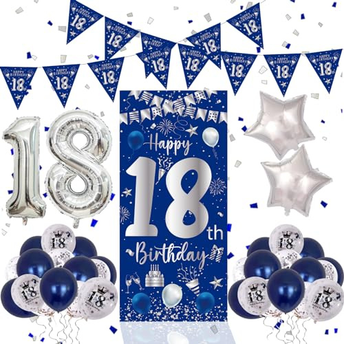 18 Geburtstag Deko Blau und Silber, 18. Geburtstag Junge Mädchen,18. Geburtstag Banner Ballons, Deko 18 Geburtstag Poster Hintergrund Banner für 18 Party Geburtstagsdeko Tür Wand Geburtstagdeko