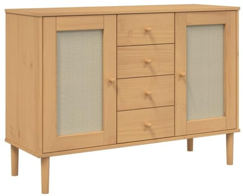 vidaXL Sideboard, Kommode Rattan-Optik, Schrank mit Stauraum für Wohnzimmer, Anrichte Mehrzweckschrank Beistellschrank, Braun Massivholz Kiefer