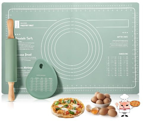 NIXRET Rolling Pin & Silicone Baking Mat Set with Dough Scraper, Silicone Rolling pin with Wooden Handle and Non-Stick Silicone Baking Mat for Making Pastry, Multipurpose Mat, Countertop Mat, Placemat