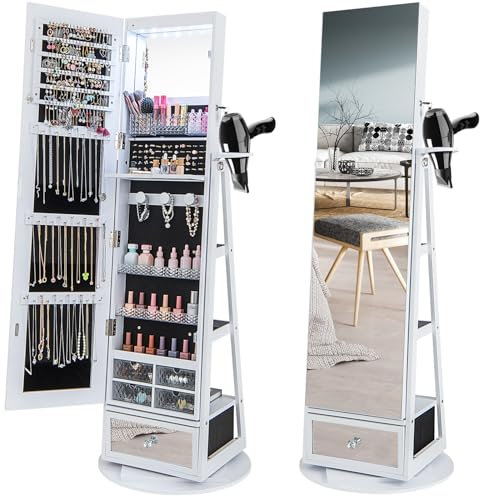 RELAX4LIFE Armoire à Bijoux Pivotante à 360ºavec Miroir Pleine Longueur, Miroir Bijoux sur Pied LED avec Support Sèche-Cheveux, Grand Tiroir, 3 Étagères pour Rangement Bijoux (Blanc)