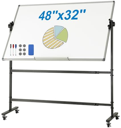 VEVOR Rollbares Whiteboard, 48 x 32 Zoll Doppelseitiges Magnetisches Mobiles Whiteboard, 360° Wendbare, Höhenverstellbare Trockenlöschtafel mit Rädern und Beweglicher Ablage
