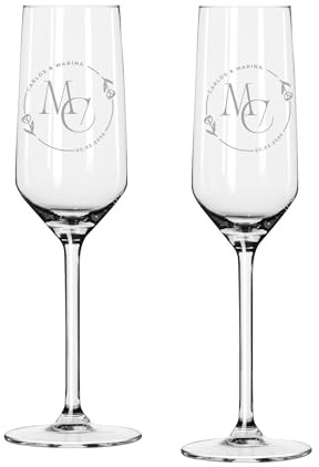 Curia Grabador Copas para boda personalizadas con nombres de los novios y fecha. Diseño romántico con flores e inciales grabadas. Copas para brindis (Modelo flor)