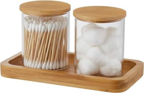 Soporte dispensador de vidrio, frascos de boticario, botes de baño con bandeja, tarros de tocador para bolas de algodón, almohadillas de hisopo redondas, lazos para el cabello, hilo dental para cosas