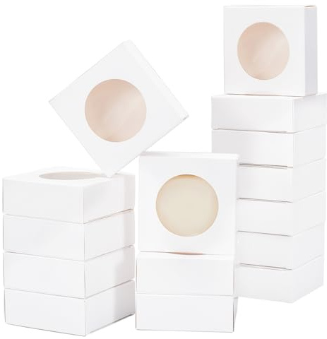 BENECREAT 24 Packungen Geschenkboxen, 8x8x3 cm Quadratische Papierboxen Mit Rundem Fenster, Weiße Kraft-Boxen Geschenkverpackungen Für Hochzeitsgeschenke