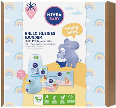 NIVEA BABY, Baby Pflegeset mit Shampoo, Feuchttüchern, Creme und mehr, Geschenkset mit Pflegeprodukten und niedlicher Badeente, Hallo Kleines Wunder Pflege-Set