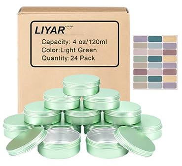 LIYAR 4oz Aluminum Tins with Lids, 24 Pack Round Tins for Salves, Spices, Lotion Bars or Balms (Pale Green)