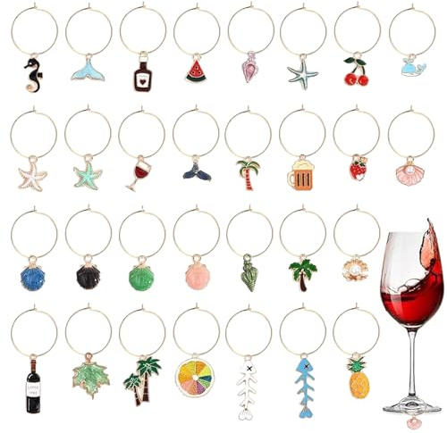 30 Stück Weinglas Charms und Anhänger - Ringe, Glas Identifikations Getränke Markierungen, Glasmarkierung Thema Strand, Getränkemarker Partydekoration für Party und Wein