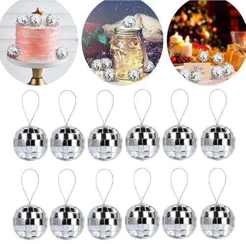 JchEnye 12er Pack Spiegel-Diskokugeln, 2cm Spiegelkugeln, kleine silberne Discokugeln, Weihnachtsbaum-Hängedekoration, Discokugeln, Lichteffekte, Partydekoration, Themenpartys (2cm (12 Stück))