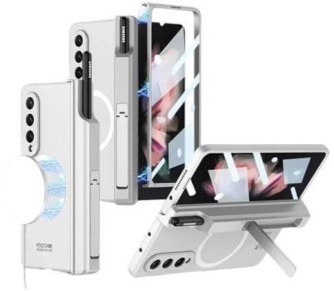 Magnetische Hülle für Samsung Galaxy Z Fold 5 4 3 Hülle unterstützt kabelloses Laden mit Stiftschlitz-Schalenmembran für Z-Fold3-Abdeckung, Silber, für Samsung Galaxy Z Fold 5
