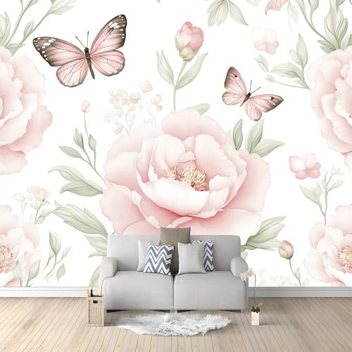 Fototapete Eleganter Schmetterling Blumen Rosa Weiß 3d Effekt Tapete Fototapetens Vlies Tapeten Vliestapete Wandtapete Moderne Wand Wandbild Schlafzimmer Spielzimmer Wohnzimmer Deko 300 x 210 cm
