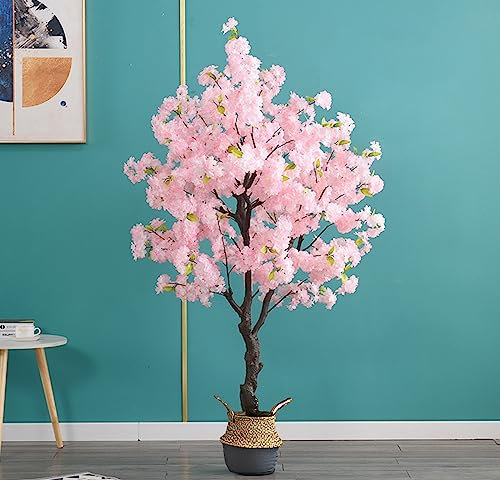 Arbre artificiel en caoutchouc avec pot en bambou - Grande fleur de cerisier japonais - Pour décoration intérieure et extérieure - Vert blanc et rose - Décorations de mariage