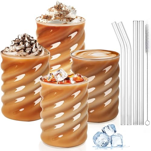 SILRIVES Verre Avec Paille 350 ml 4 Pièces, Set de Verres Latte Avec Paille, Tasse à Café Glacé, Matcha, Mojito,Verre à Bière,Cocktail,MilkShake,Smoothie