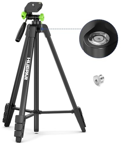 Huepar 60-Inch Lightweight Tripod Portable Adjustable Tripod for Laser Level with 3-Way Swivel Pan Head, 2 Bubble Levels, 1/4 and 5/8 Thread Mount for Varieties Tools, Only for Indoor Basic Work