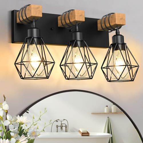 IZORRO Farmhouse Bathroom Vanity Light Fixtures, 3-Light Wood Bathroom Lighting Fixtures Over Mirror, Black Rustic Industrial Sconces Wall Lights with Metal Lampshade for Living Room, Bedroom