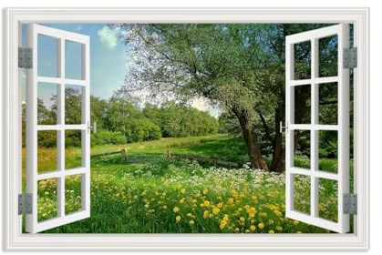 Hau3sh3a leinwandbild fensterblick fenster natur,Frühling großer Baum gelbe Blumen Gras,Bild auf Leinwand Blick aus Dem Fenster,Wanddeko Schlafzimmer Bilder120x80cm(47x31in) Rahmenlos