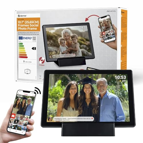 Denver PFF-1070B | 10.1 Zoll Digitaler Wi-Fi Bilderrahmen mit Akku | HD IPS Touchscreen | FRAMEO App & 16GB Speicher | Schwarz