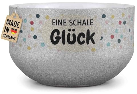 Print Royal PR Glitzer Müslischale mit Spruch - Eine Schale Glück - Persönliches Geschenk für Familie, Freunde zum Geburtstag, Danke sagen - Keramik, Silber 500 ml