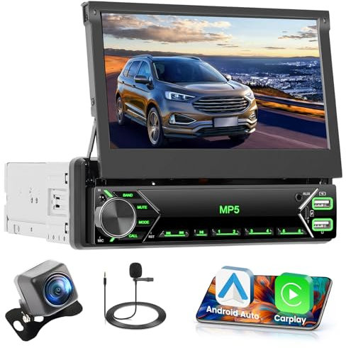Inefala Autoradio 1 DIN avec Ecran Retractable de 7 Pouces, Poste Radio Voiture Bluetooth 1 Din avec Mirror Link, Fonction de Sortie Vidéo, FM Radio, SWC, 2USB+Type-C, Caméra de Recul, Mic