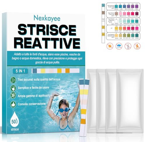 5 in 1 Test per Piscina e Spa per Analisi Precisa di pH, Cloro, Bromuro, Alkalinità e Acido Cianurico 50 Strisce