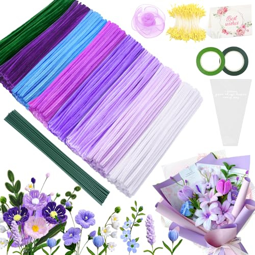 Epaing Pfeifenreiniger zum Basteln, 400 Stück 8 Farben Pipe Cleaner Flower Set, mit Staubgefäße, Blütenstiel, Karte, Klebeband, Fischschwanzgarn und Blumentasche, Blumen Kreativ DIY