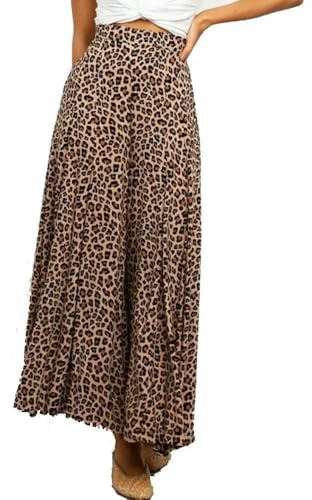 QXWD Pantalon d'été à jambes larges pour femme Imprimé léopard Pantalon décontracté Taille élastique Pantalon long évasé Pantalon ample Palazzo Jupe-culotte, Loosepant, XL