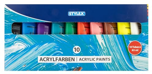 Stylex 28614 - Set di colori acrilici, 10 tubetti da 83 ml, 10 colori a base d'acqua, resistenti alla luce e all'acqua, asciugatura rapida, forte potere coprente, per tela, carta e pietra