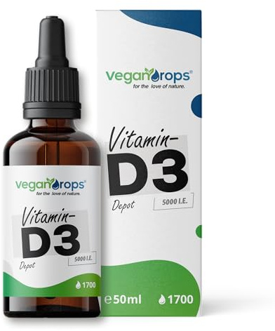 Vegan Drops® - Vitamin D3 Tropfen - 125mcg Vitamin D (5000 i.E.) pro Tagesdosis - 1700 Tropfen, 50ml pro Flasche - vegan, ohne Alkohol & in Deutschland produziert - nur 2 Zutaten