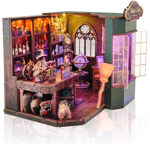Nzkeuf Casa Delle Bambole in Legno, Miniature da Costruire con Luce LED, DIY Miniature House in Legno 3D, Set Creativo per la Decorazione della, Interni Regalo per Bambini e Adulti (Negozio di Magia)