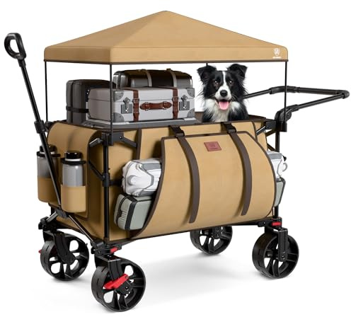 EVER ADVANCED XXL rullvagn, vikbar 225 l till 150 kg med broms, tak, handvagn, skjuta och dra vikbar strandvagn 20 x 8 cm breda hjul, vikvagn för camping, strand, shopping, djur, brun, stor